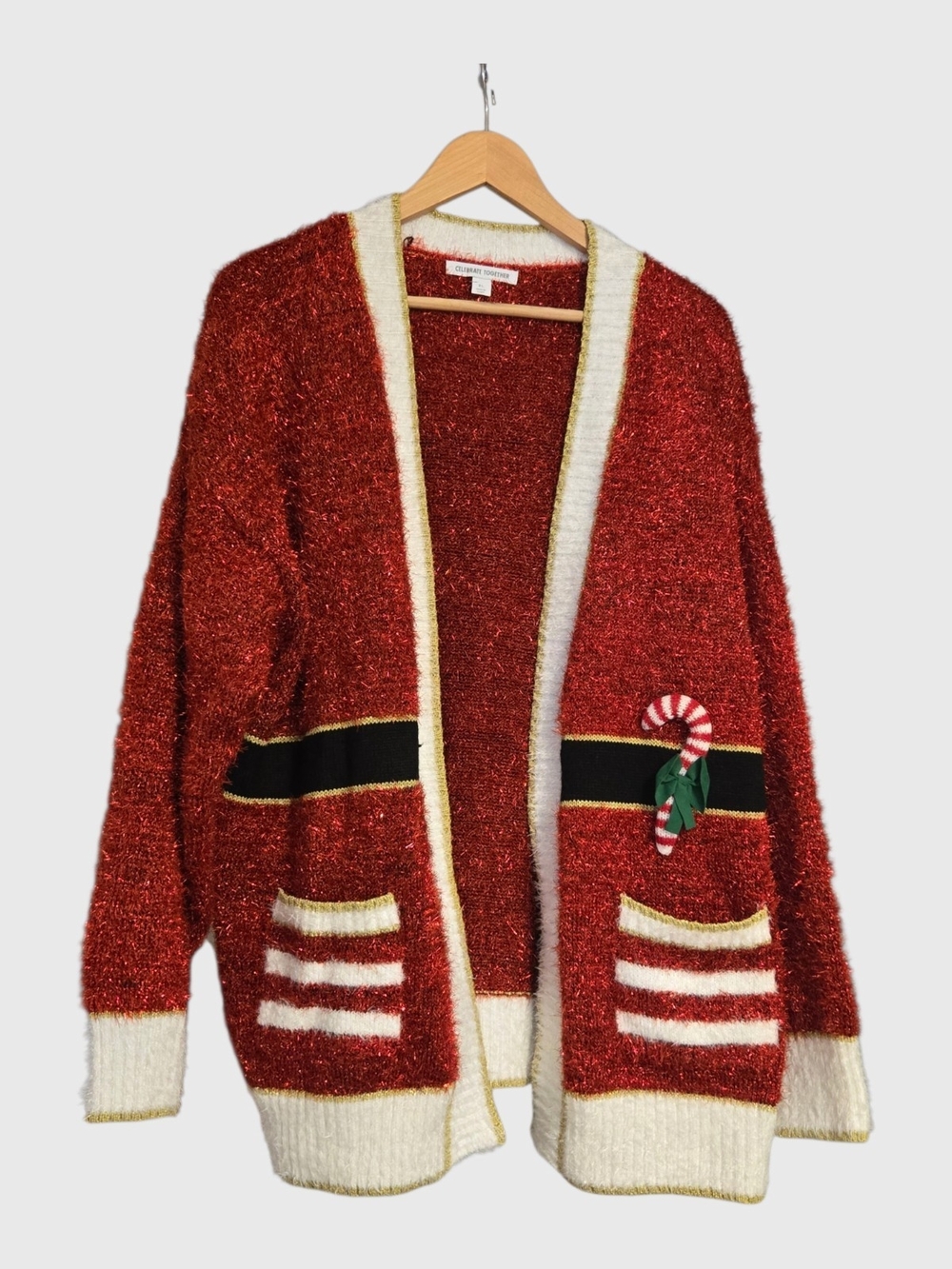 Cozy Red Open-Front Cardigan with Cream Trim